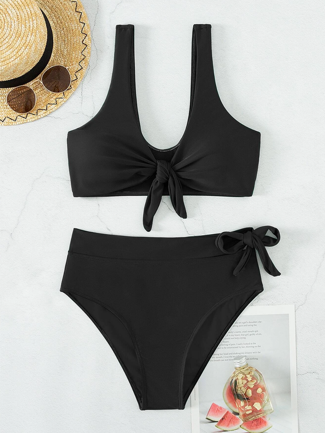 Classic Black: Bikini 2 piezas liso con nudo delantero de cintura alta color negro