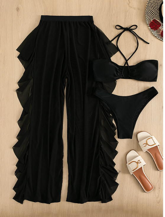 Midnight Mirage: Bikini 3 piezas halter corte alto con pantalones cover up