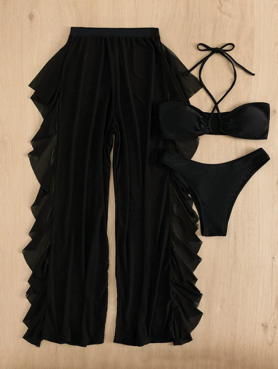 Midnight Mirage: Bikini 3 piezas halter corte alto con pantalones cover up
