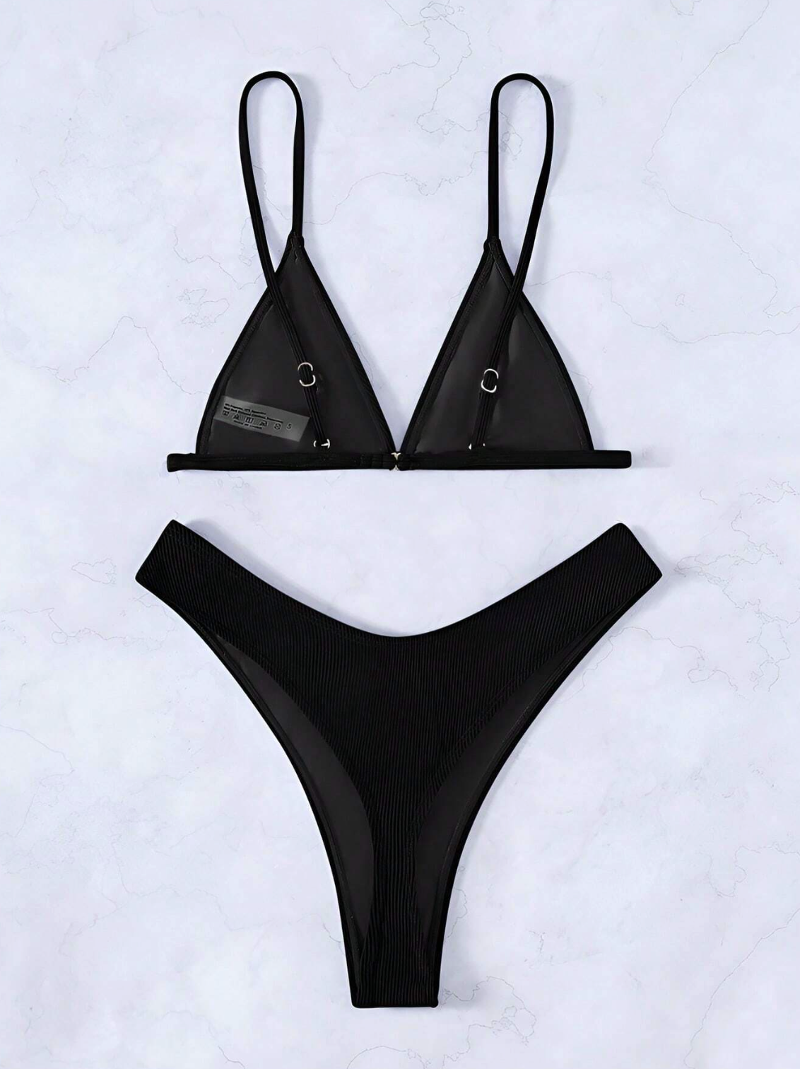 Obsidian Ribbed: Bikini 2 piezas de canalé corte alto y bottom de tanga