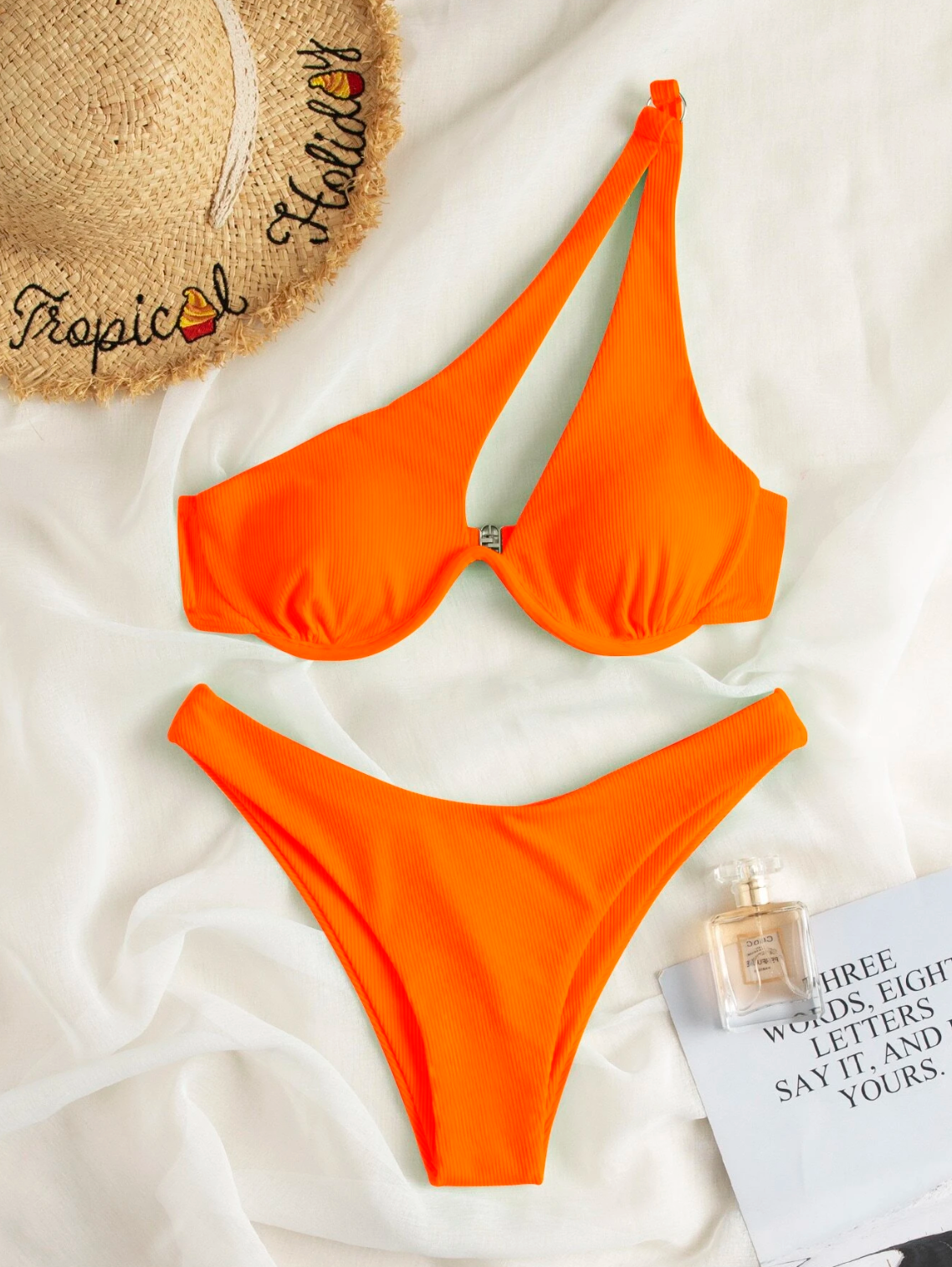 Orange Crush: Bikini 2 piezas de canalé con ballena de un hombro color naranja