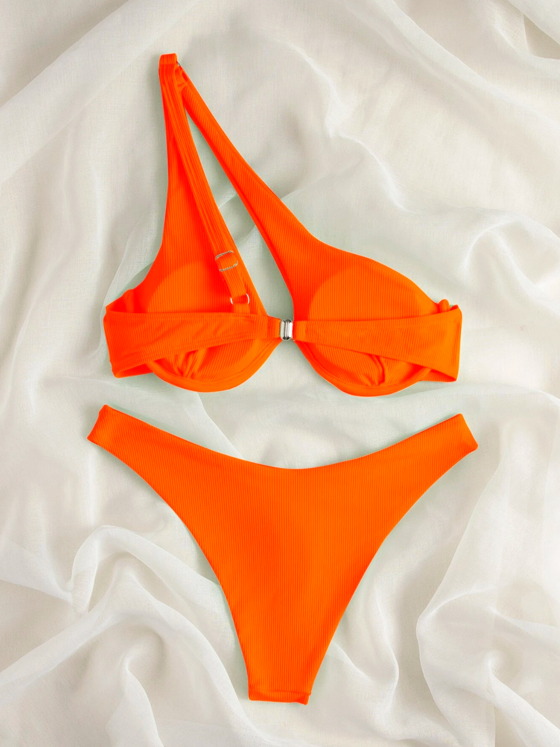 Orange Crush: Bikini 2 piezas de canalé con ballena de un hombro color naranja