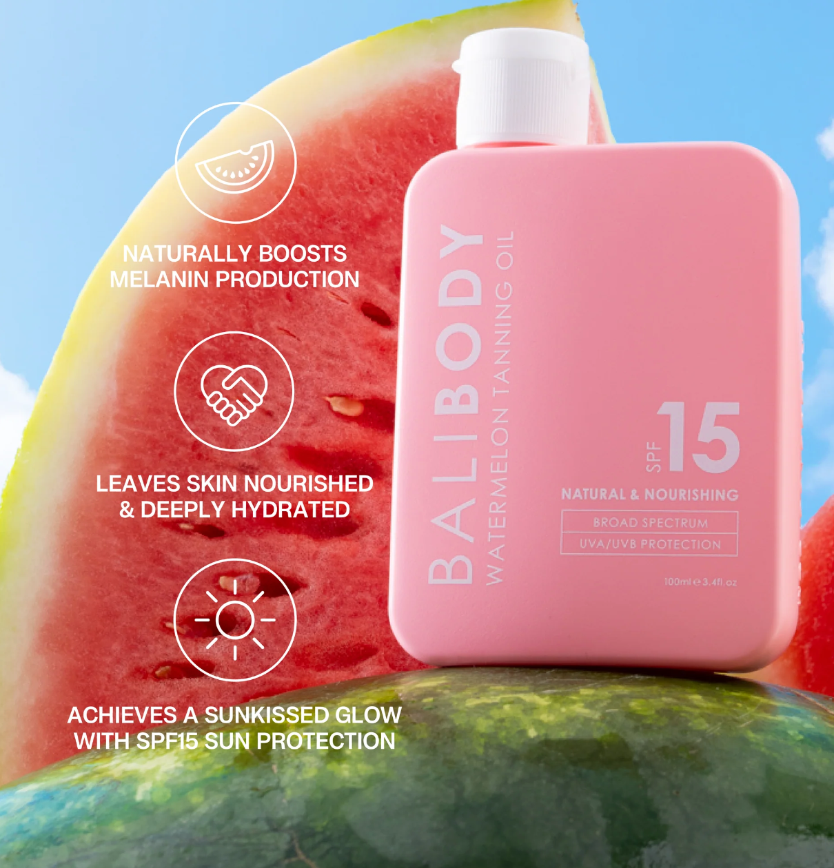 Bali Body - Aceite Bronceador Hidratante Natural de Sandía SPF15