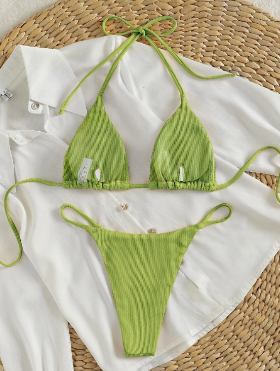 Electric Lime: Bikini 2 piezas triángulo halter de canalé color verde lima
