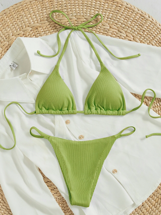 Electric Lime: Bikini 2 piezas triángulo halter de canalé color verde lima