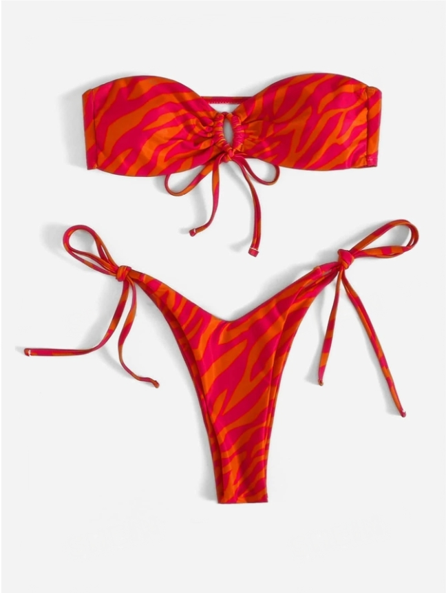 Red Zebra Bliss: Bikini 2 piezas corte alto con lazo estampado de zebra
