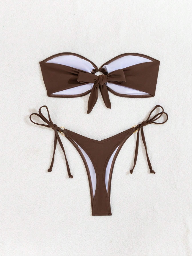 Mocha Allure: Bikini 2 piezas strapless con bottom de tanga