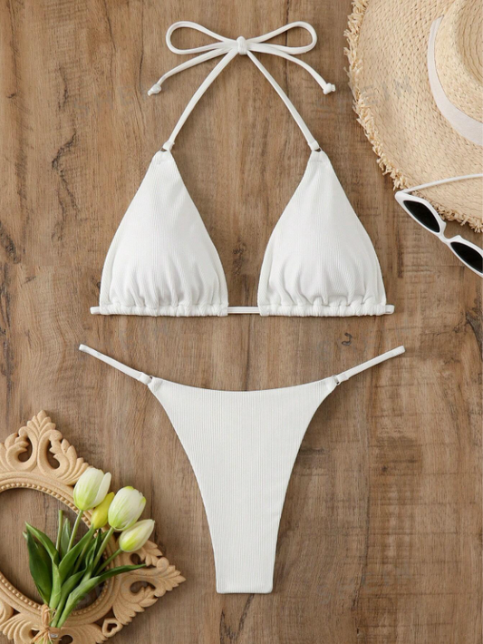 Pearl White Seduction: Bikini 2 piezas liso tipo tanga color blanco