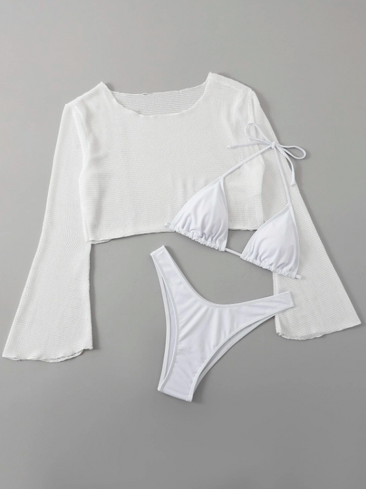 SnowySilhouette: Bikini 3 piezas triángulo halter color blanco