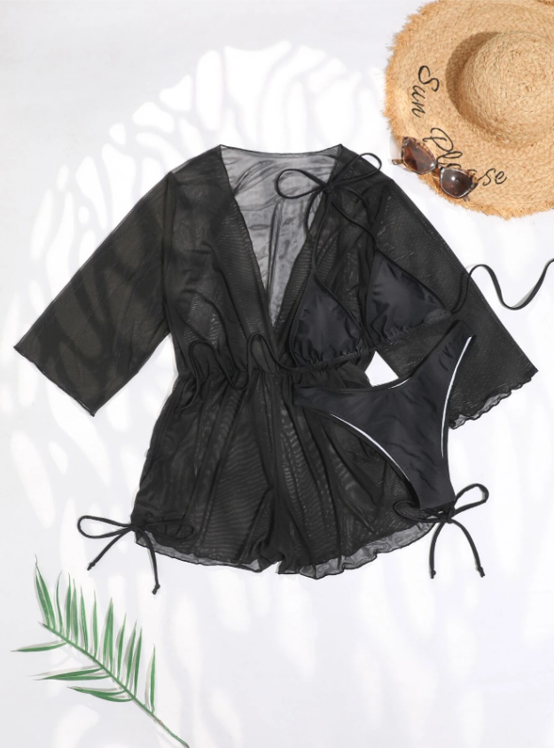 SereneShade: Bikini 3 piezas con cover up color negro