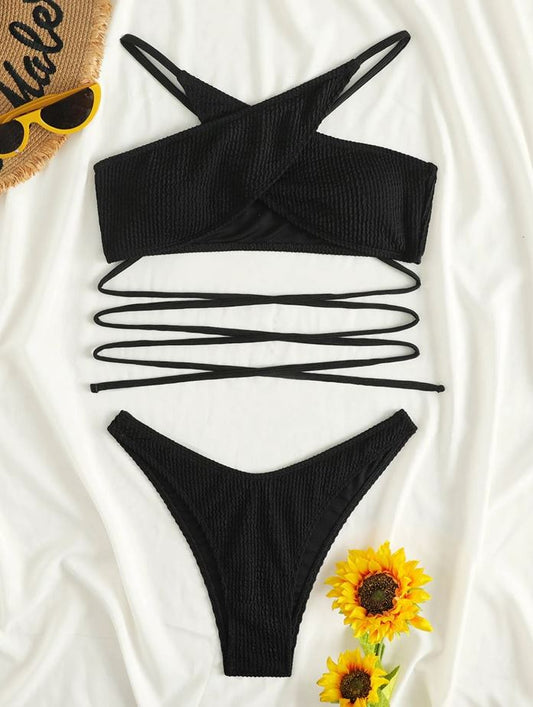 BlackFusion: Bikini 2 piezas halter con tira cruzada de canalé color negro