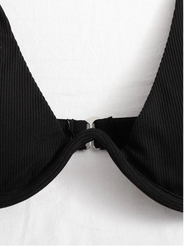 Mystic Black: Bikini 2 piezas de pierna alta con aro de canalé, push up