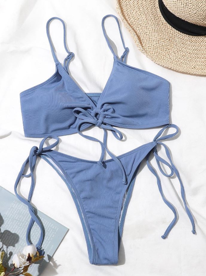 Serenity Sky: Bikini 2 piezas de canalé con cordón delantero