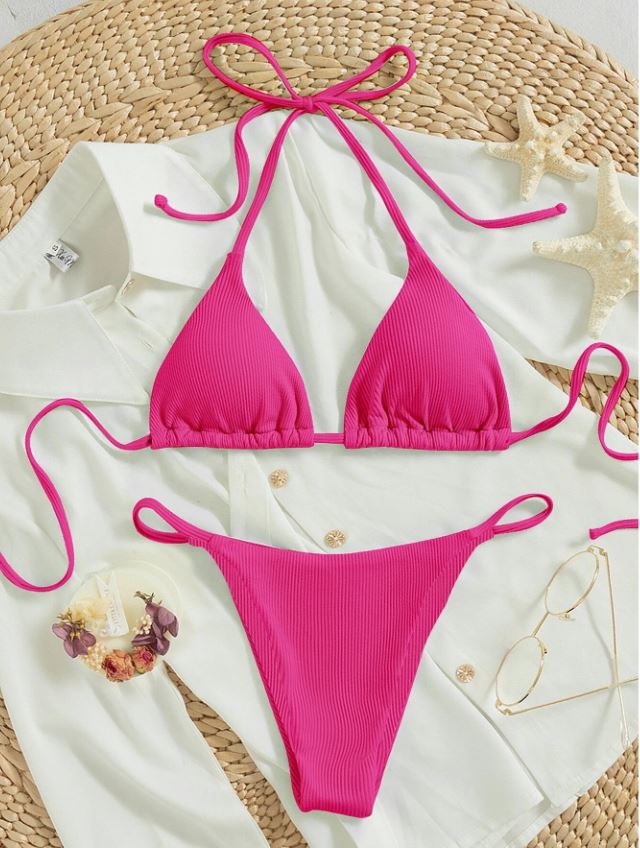 FuchsiaGlam: Bikini 2 piezas triángulo halter de canalé con cordón trasero