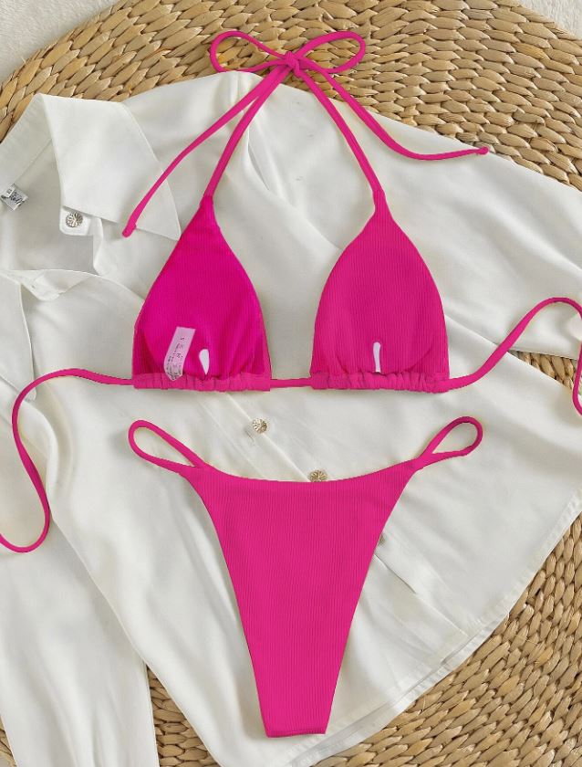 FuchsiaGlam: Bikini 2 piezas triángulo halter de canalé con cordón trasero