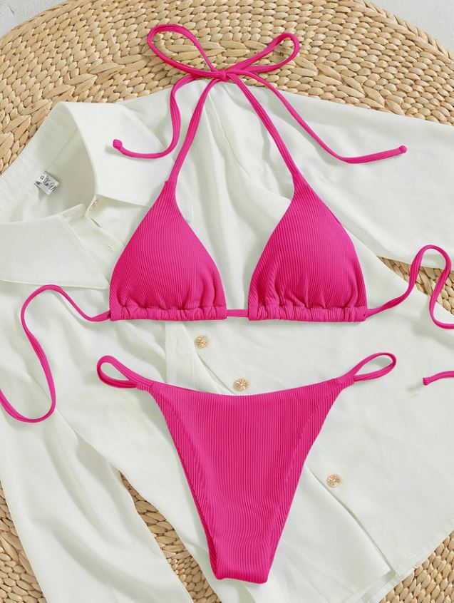 FuchsiaGlam: Bikini 2 piezas triángulo halter de canalé con cordón trasero