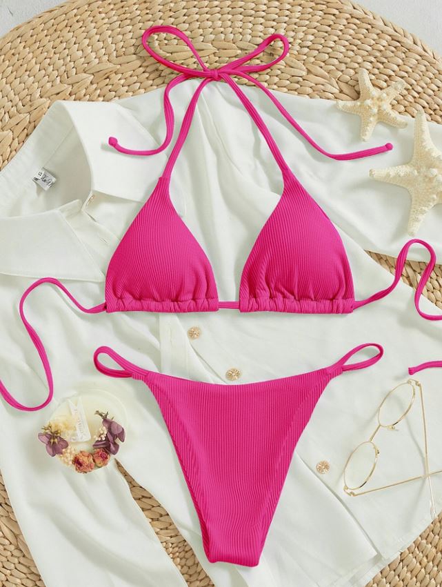 FuchsiaGlam: Bikini 2 piezas triángulo halter de canalé con cordón trasero