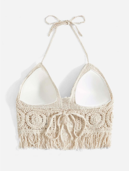 Island Breeze: Cover up ribete con fleco con cordón trasero de cuello halter