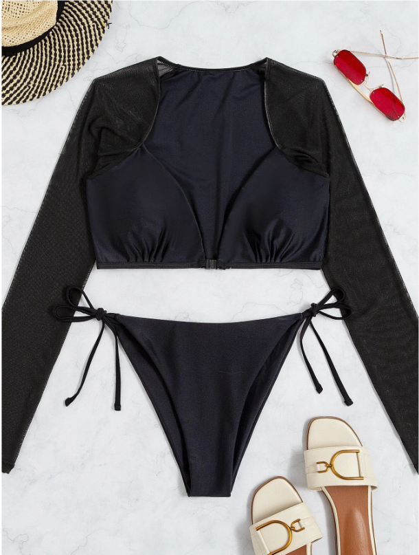 ShadowLuxe: Bikini manga larga con cordón lateral color negro