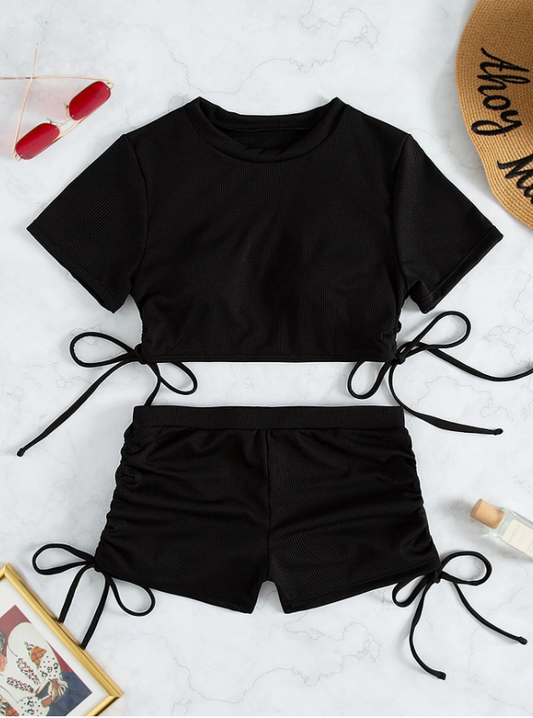 Black Sand: Traje de baño 2 piezas con shorts de canalé con cordón lateral