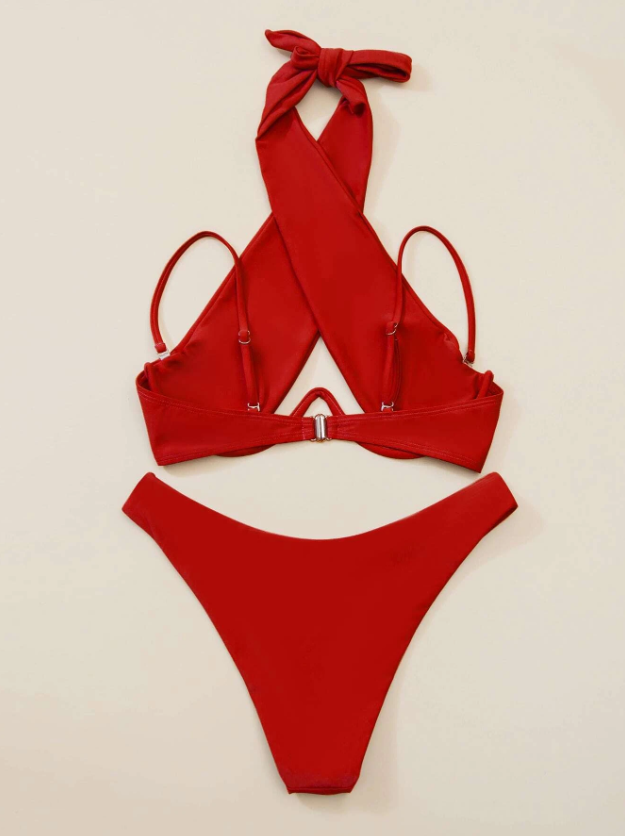 Tropical Flame: Bikini 2 piezas liso con aro halter cruzado color rojo