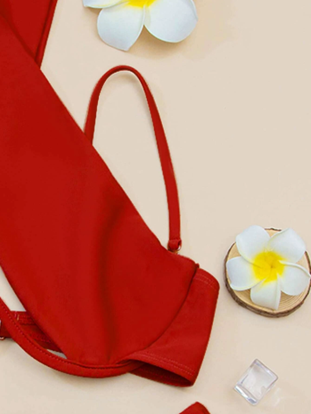 Tropical Flame: Bikini 2 piezas liso con aro halter cruzado color rojo