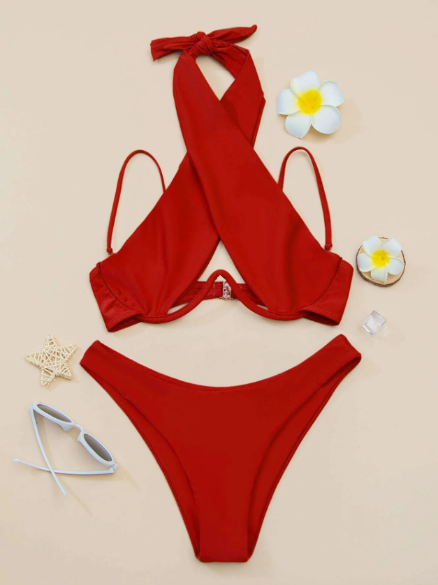 Tropical Flame: Bikini 2 piezas liso con aro halter cruzado color rojo