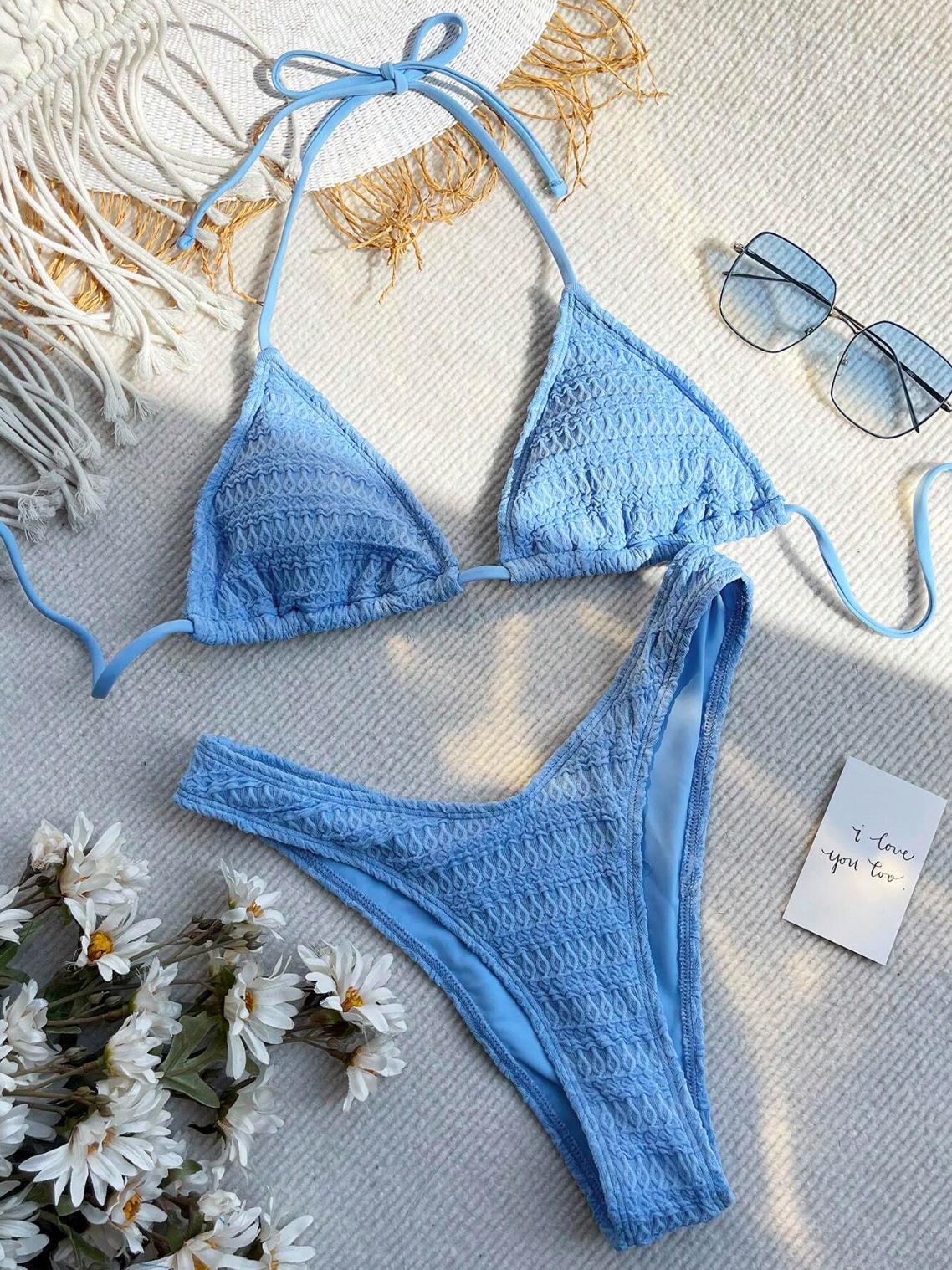 Breezy Sky: Bikini 2 piezas triángulo halter smocked con textura