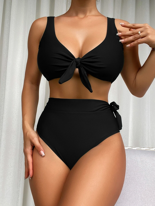 Classic Black: Bikini 2 piezas liso con nudo delantero de cintura alta color negro