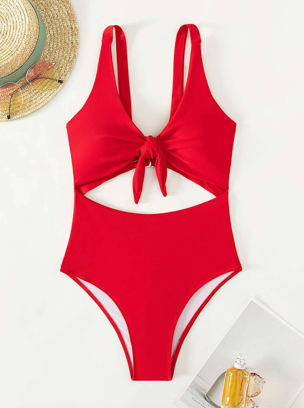 Vibrant Red: Traje de baño de una pieza con abertura con nudo delantero