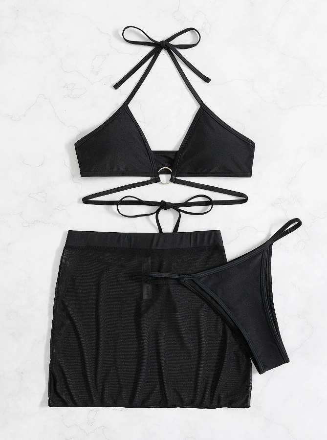 Ocean's Midnight: Bikini 3 piezas halter con falda de playa color negro