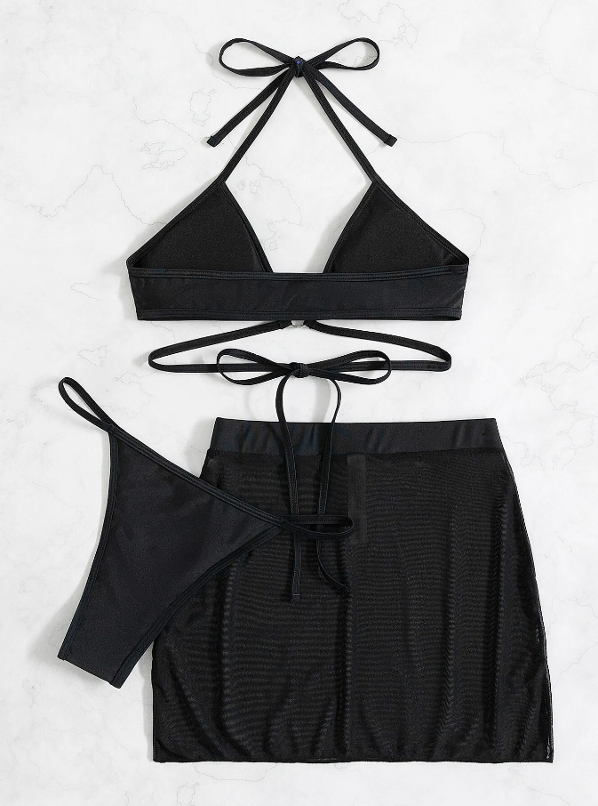 Ocean's Midnight: Bikini 3 piezas halter con falda de playa color negro