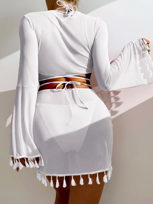 Opal White: Bikini de 4 piezas con cordón halter con falda Conjunto