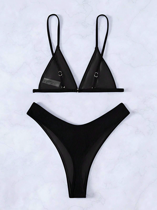 Obsidian Ribbed: Bikini 2 piezas de canalé corte alto y bottom de tanga