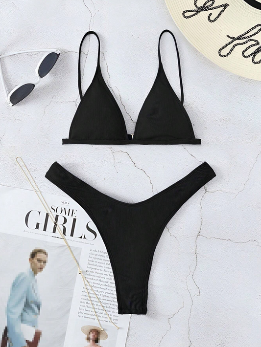 Obsidian Ribbed: Bikini 2 piezas de canalé corte alto y bottom de tanga