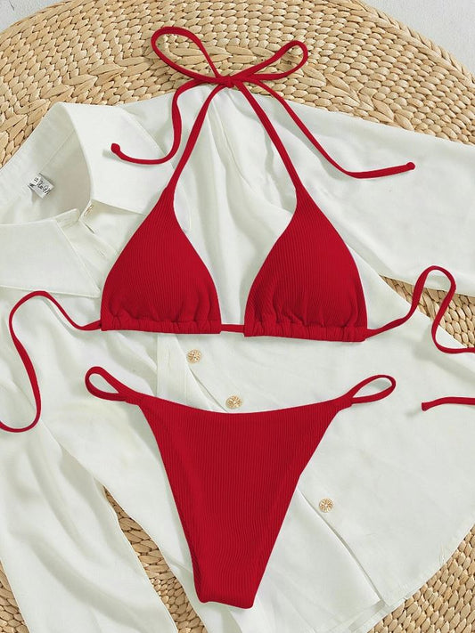Red Velvet: Bikini 2 piezas triánagulo halter de canalé color rojo