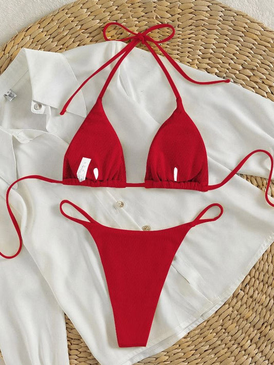 Red Velvet: Bikini 2 piezas triánagulo halter de canalé color rojo