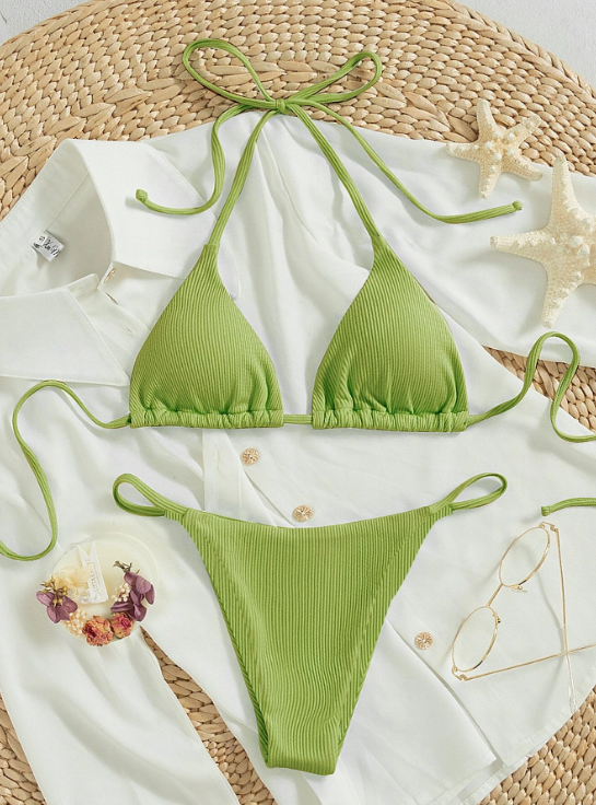 Electric Lime: Bikini 2 piezas triángulo halter de canalé color verde lima