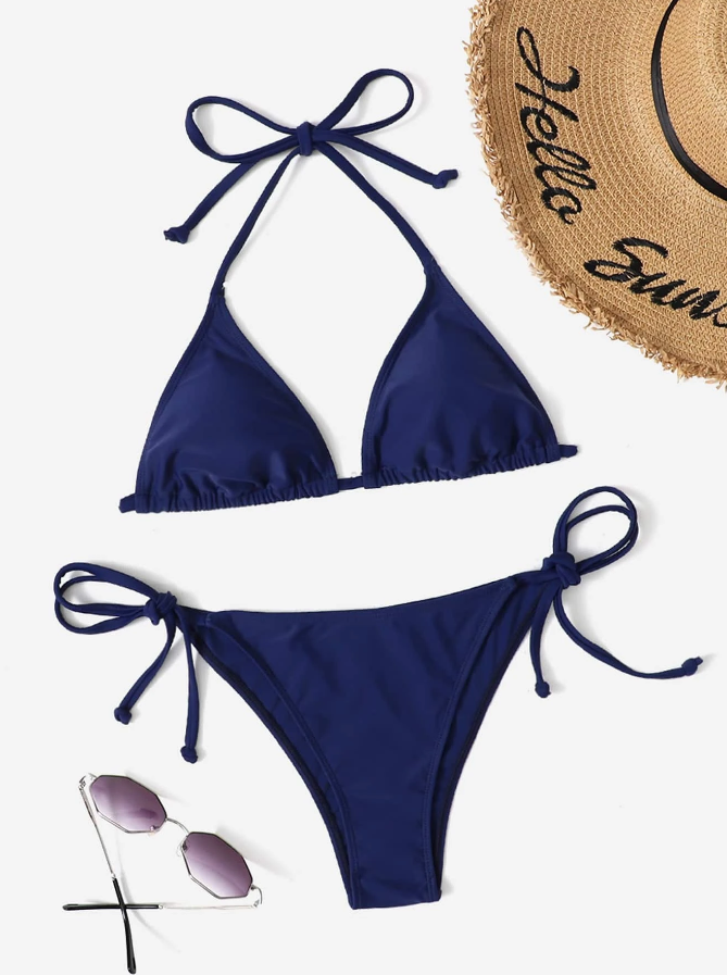Island Blue Elegance: Bikini 2 piezas halter simple azul marino