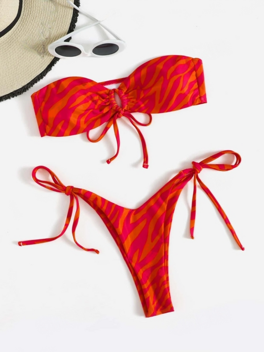Red Zebra Bliss: Bikini 2 piezas corte alto con lazo estampado de zebra