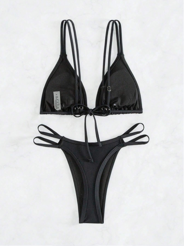 Midnight Groove: Bikini 2 piezas con cordones en la espalda y bottom de tanga color negro