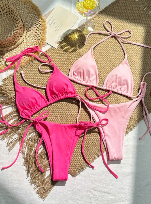 Pink Paradise Ribbed: 2 Sets bikini de tirantes acanalado tipo halter (4 piezas)