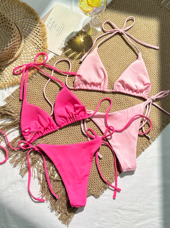 Pink Paradise Ribbed: 2 Sets bikini de tirantes acanalado tipo halter (4 piezas)