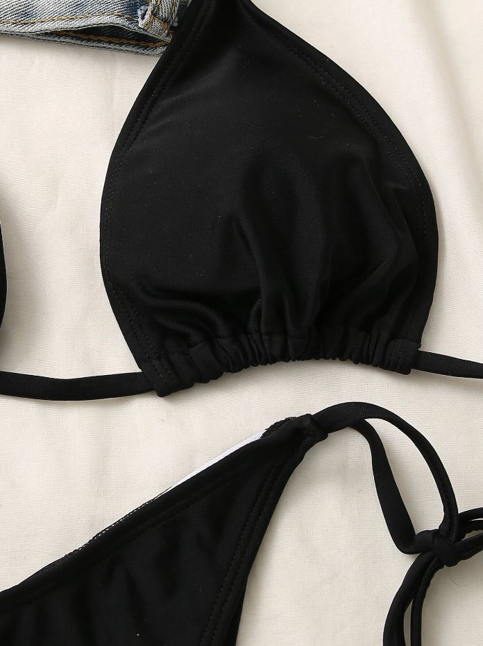 MidnightChic : Bikini 2 piezas halter triángulo con pitas laterales color negro