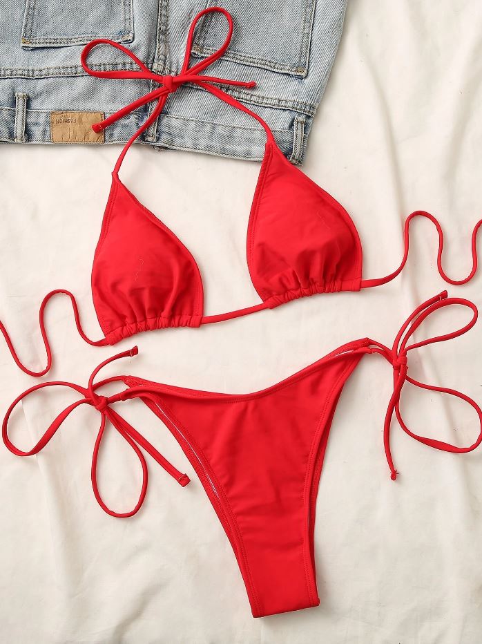 RadiantRed : Bikini 2 piezas de triángulo con pitas laterales color rojo