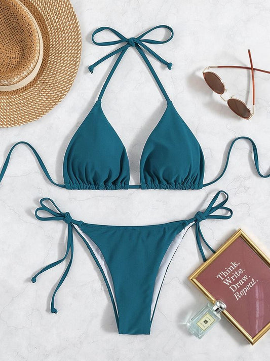NavySeduction: Bikini 2 piezas  de triangulo halter con pitas laterales