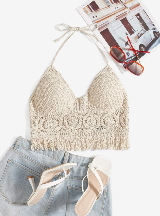 Island Breeze: Cover up ribete con fleco con cordón trasero de cuello halter