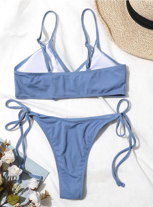 Serenity Sky: Bikini 2 piezas de canalé con cordón delantero