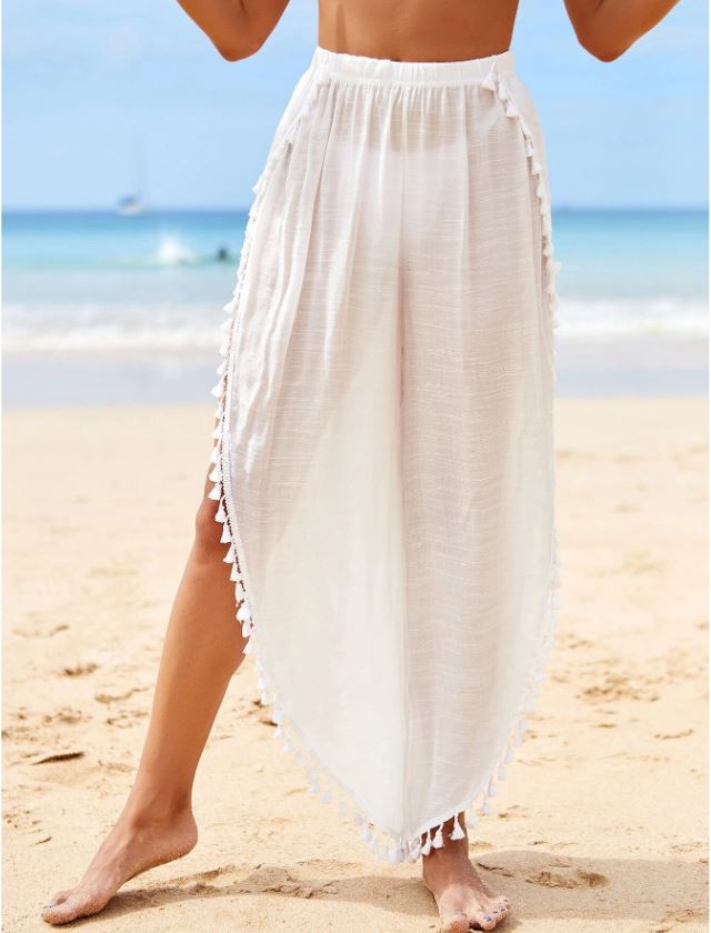 Seaside Elegance: Pantalones cover up con diseño de fleco de muslo con abertura