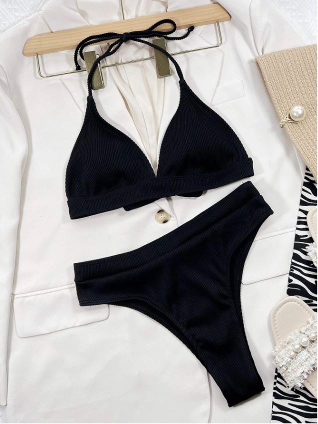 Sleek Noir: Bikini negro canalé de cintura alta